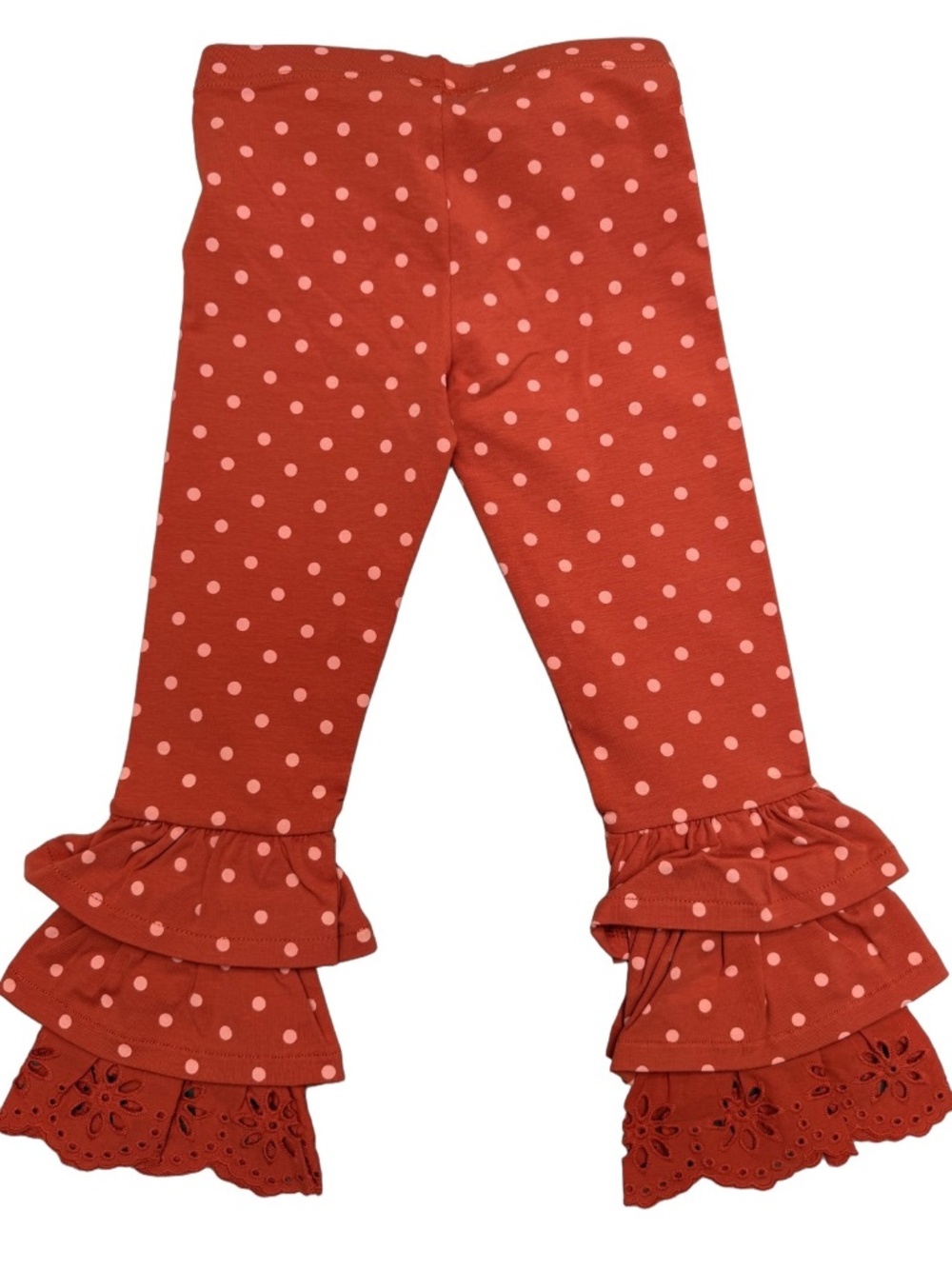 Matilda Jane Girls Leggings Size 4 Rust Polka Dot Triple Ruffle Eyelet Lace New